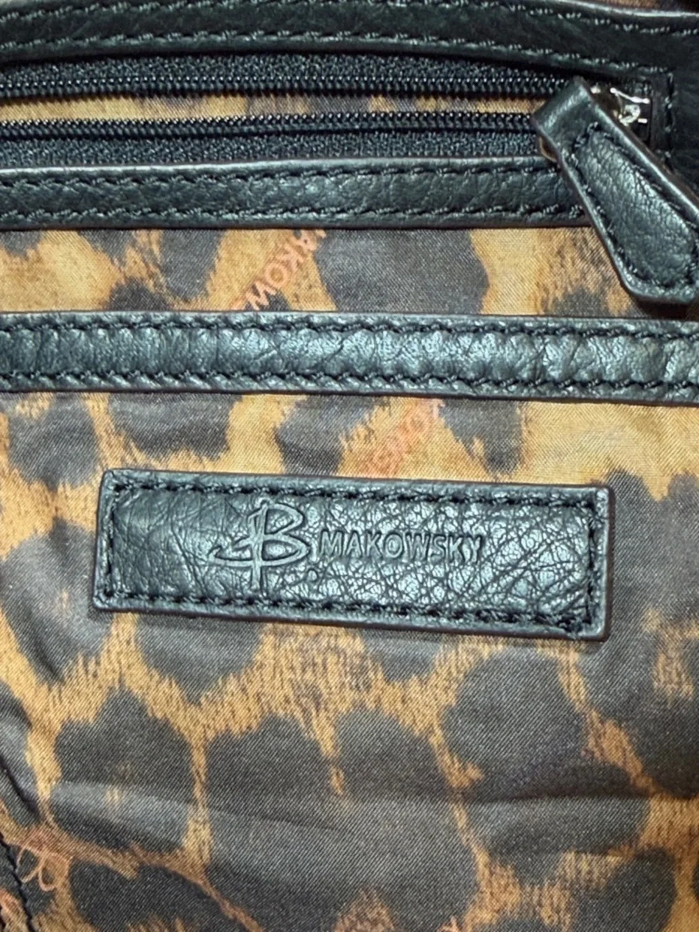 B. Makowsky Leather Hobo Shoulder Bag Black Silver Hardware Leopard Print Purse